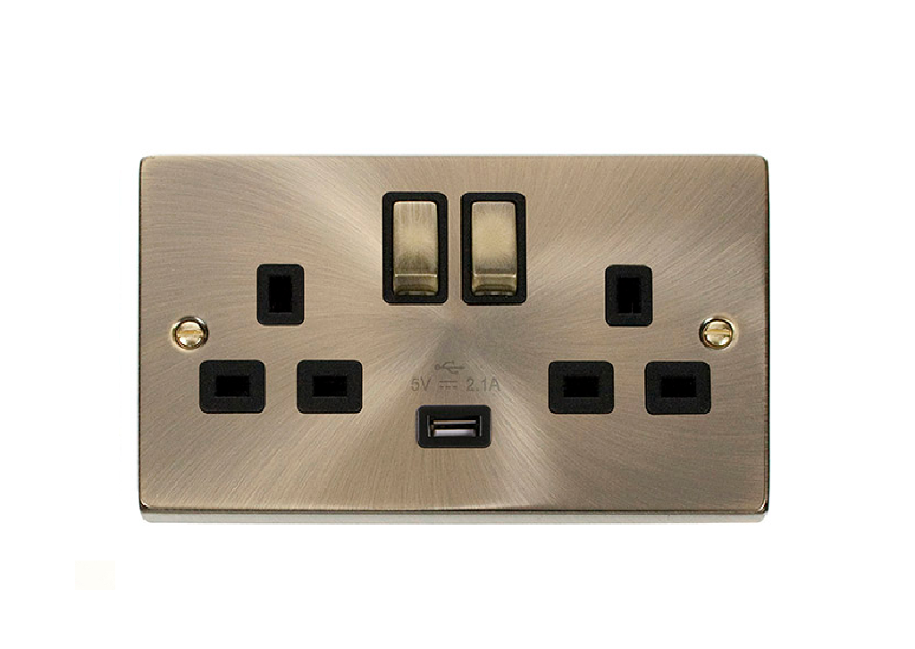 2 Gang 13A Double Switched Socket With 2.1A USB Black Inserts (VPAB570BK)
