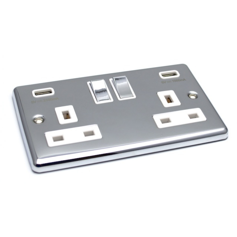 UEP 2 Gang 13A Double Pole Socket with 2 x USB Ports Polished Chrome White Inserts