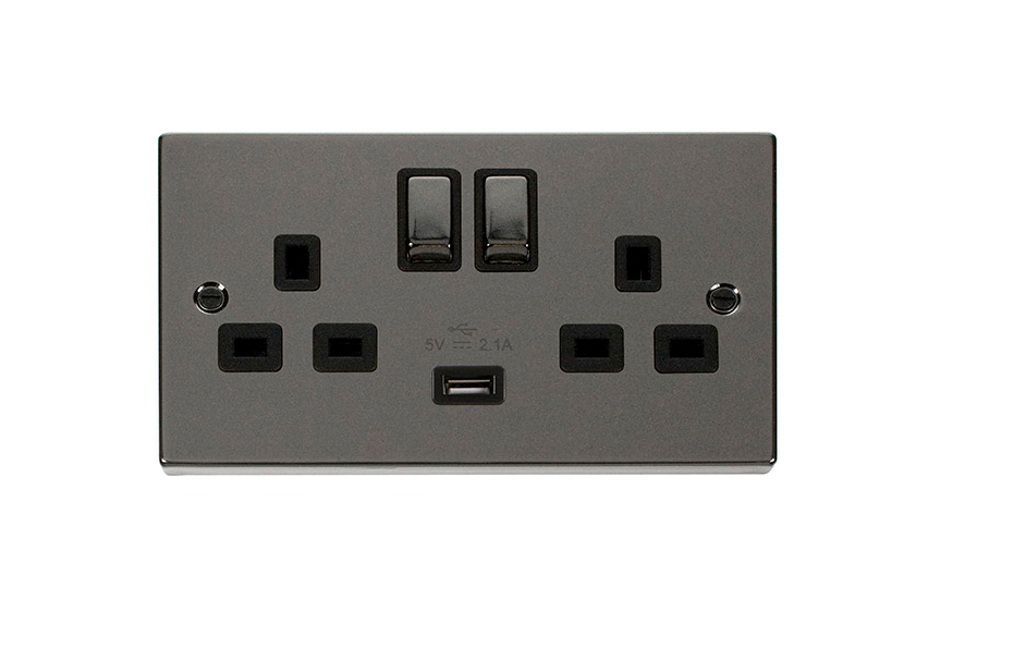 2 Gang 13A Double Switched Socket With 2.1A USB Black Inserts (VPBN570BK)