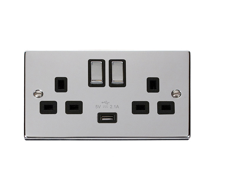 2 Gang 13A Double Switched Socket With 2.1A USB Black Inserts (VPCH570BK)