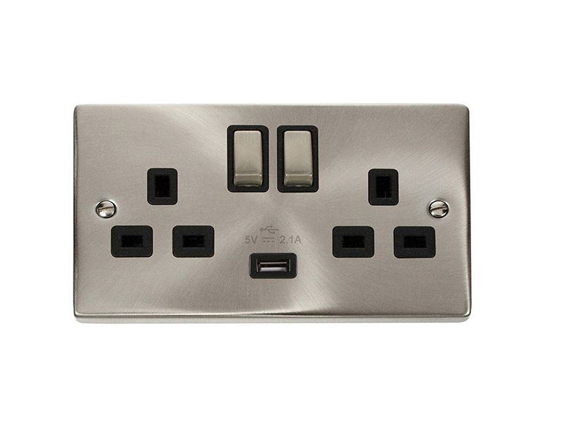 2 Gang 13A Double Switched Socket With 2.1A USB Black Inserts (VPSC570BK)