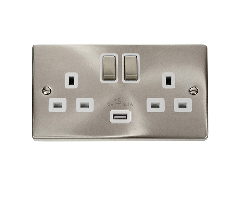 2 Gang 13A Double Switched Socket With 2.1A USB White Inserts (VPSC570WH)