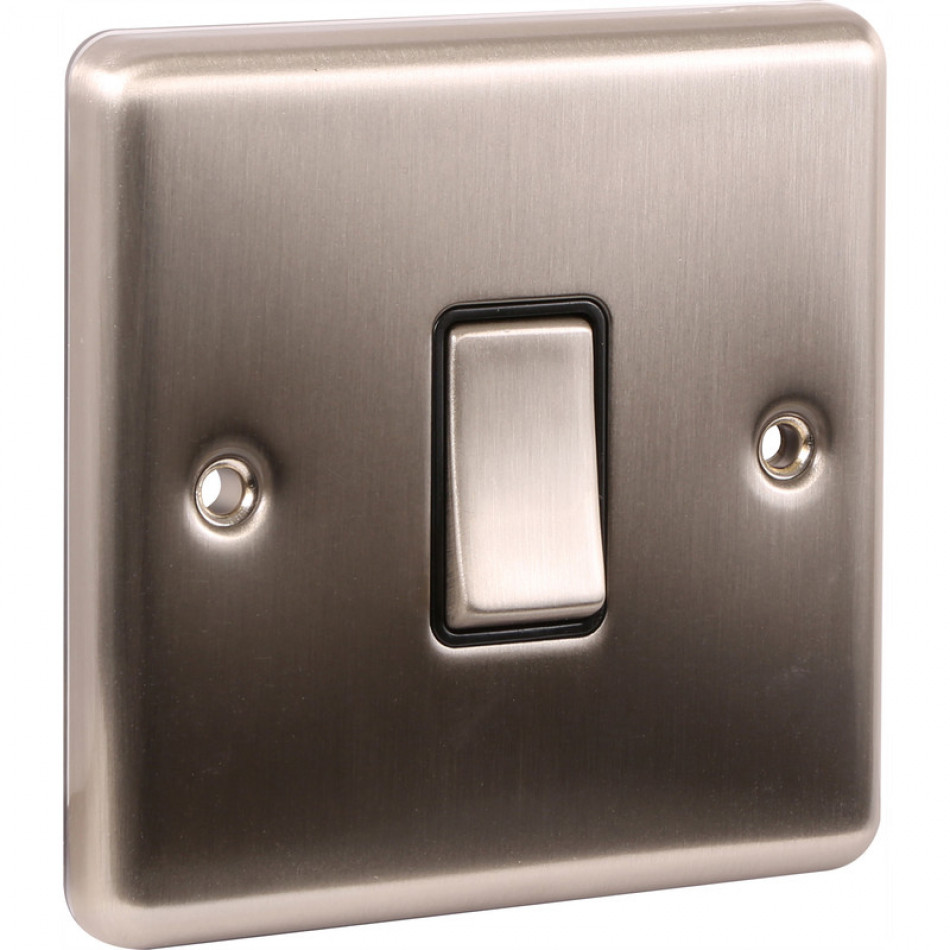 UEP 1 Gang 10A 2 Way Switch Brushed Steel Black Inserts