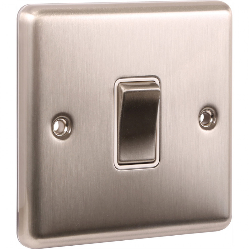 UEP 1 Gang 10A 2 Way Switch Brushed Steel White Inserts