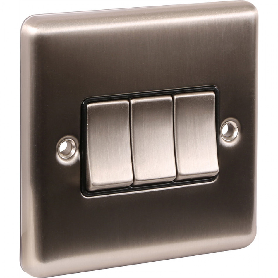 UEP 3 Gang 10A 2 Way Switch Brushed Steel White Inserts