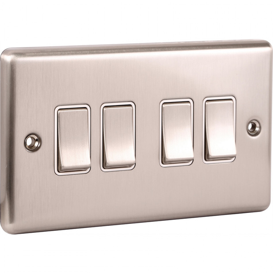 UEP 4 Gang 10A 2 Way Switch Brushed Steel White Inserts