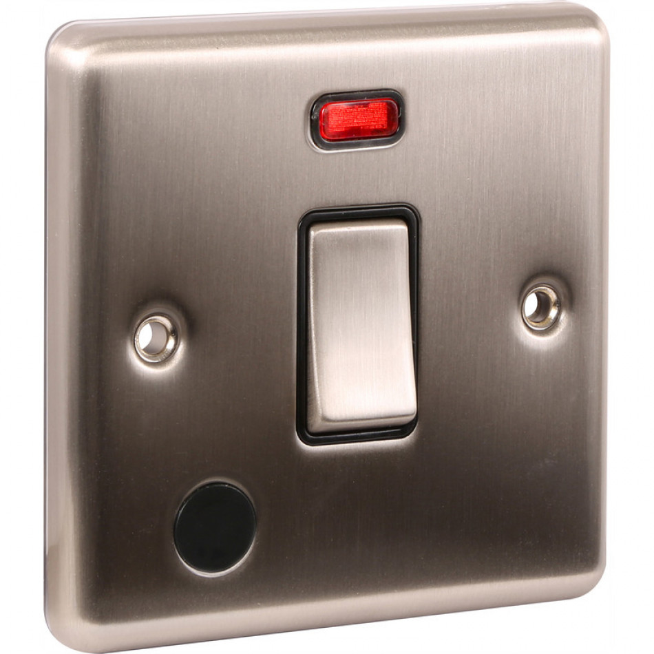 UEP 20A 1 Gang DP Switch with Neon Brushed Steel Black Inserts