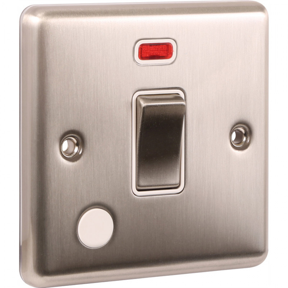 UEP 20A 1 Gang DP Switch with Neon Brushed Steel White Inserts