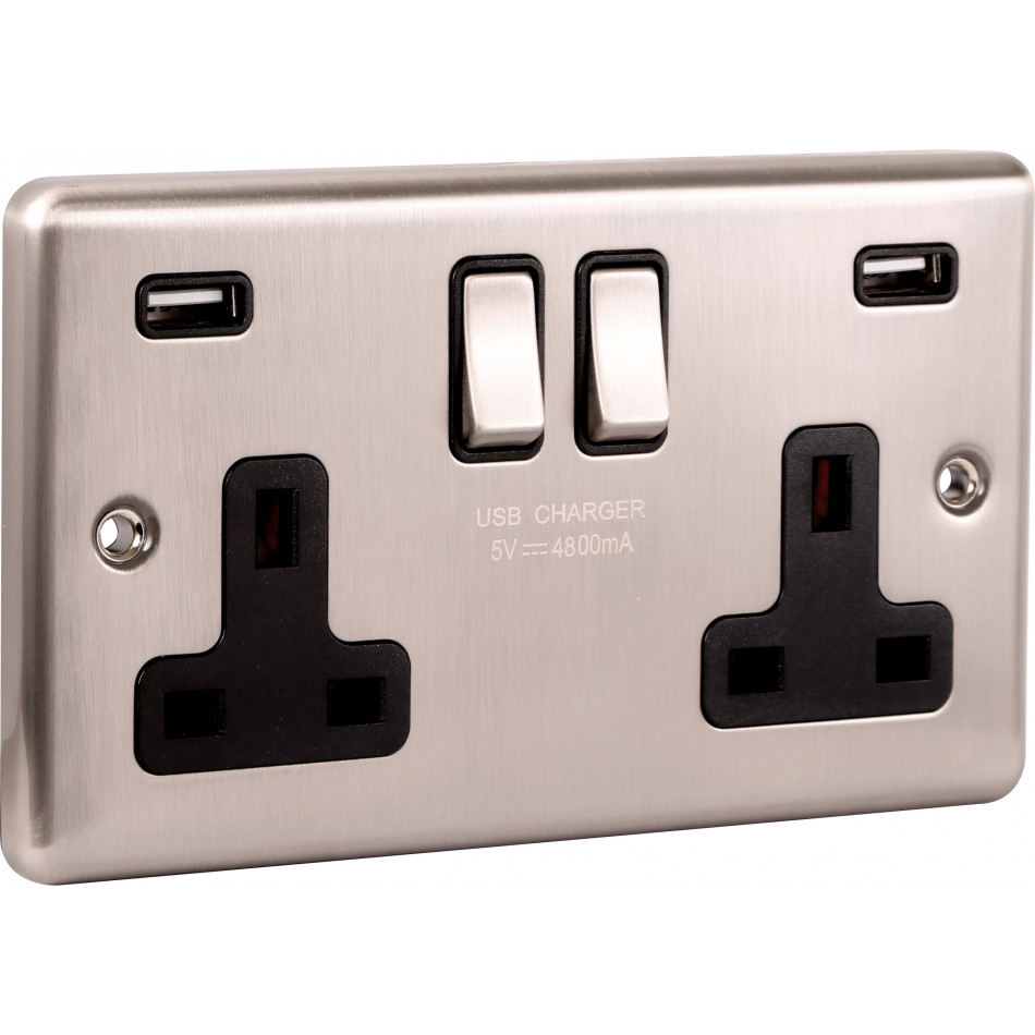 UEP 2 Gang 13A Double Pole Socket USB Twin Ports 4.8a Brushed Steel Black Inserts