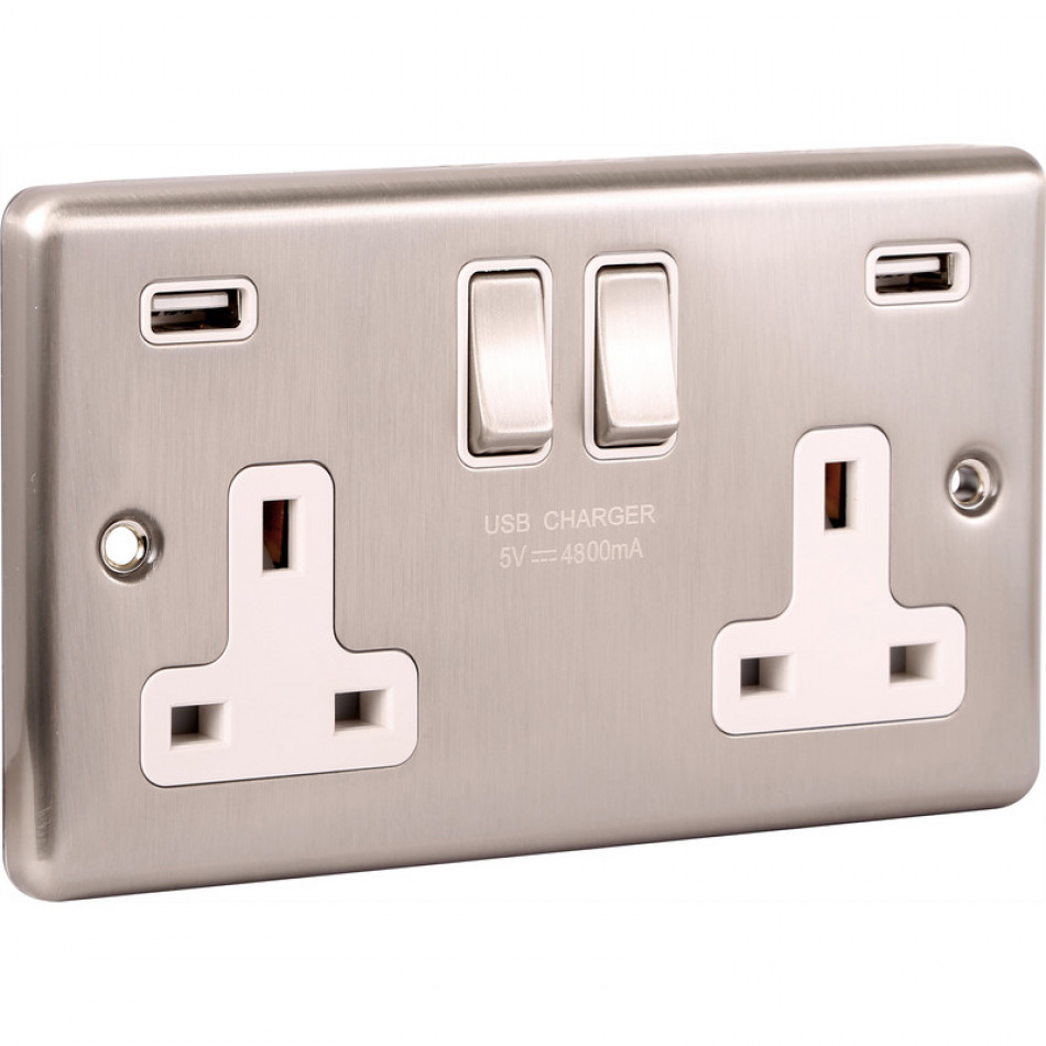 UEP 2 Gang 13A Double Pole Socket USB Twin Ports 4.8a Brushed Steel White Inserts