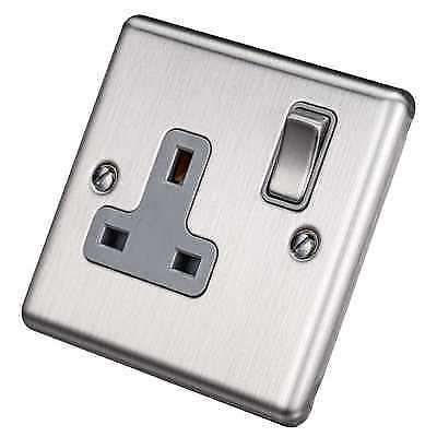 UEP 1 Gang 13A Double Pole Socket Brushed Steel Grey Inserts W06BSG 